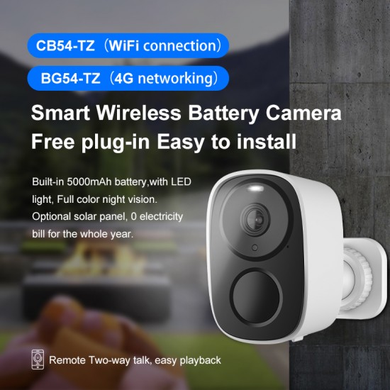 CB54-TZ Security Camera with Solar Panel, 5000mAh Battery, Free Cloud